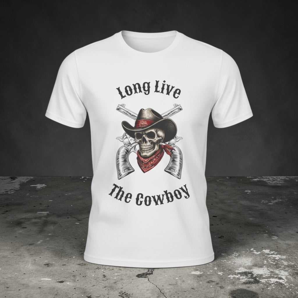 Big Sky Ranch Co. Cowboy Skull T-Shirt featuring a "Long Live The Cowboy" graphic design on a casual graphic tee.