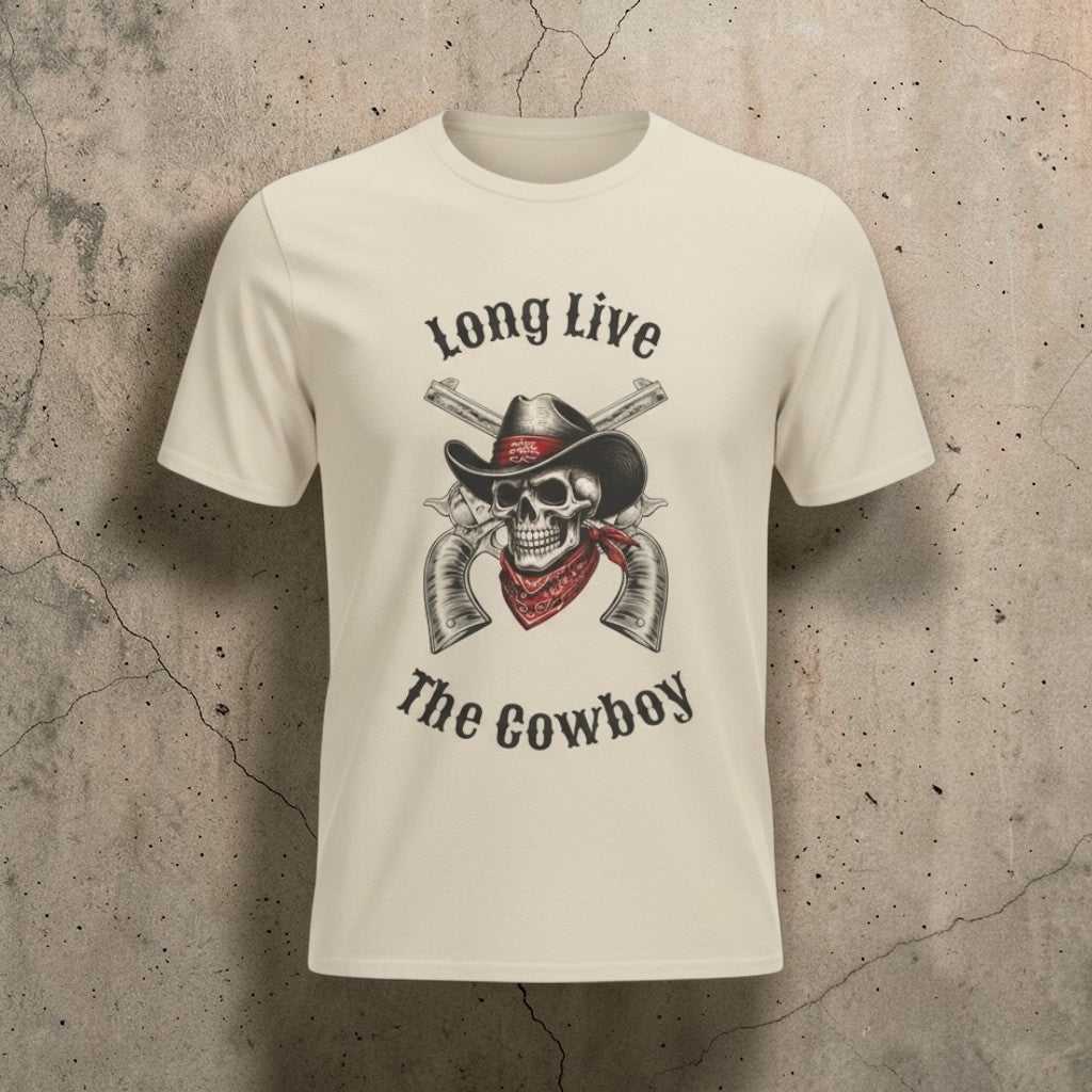 Cowboy Skull T-shirt featuring the phrase “Long Live The Cowboy” with a rugged skull graphic, bold Western lettering, and a distressed vintage outlaw aesthetic