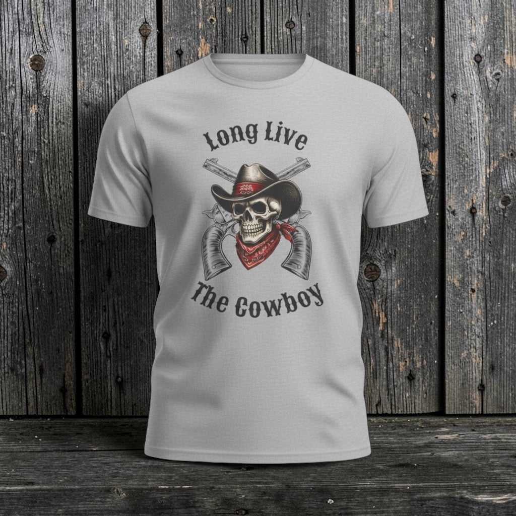 Big Sky Ranch Co. Cowboy Skull T-Shirt with "Long Live The Cowboy" graphic, featuring a detailed cowboy skull design.