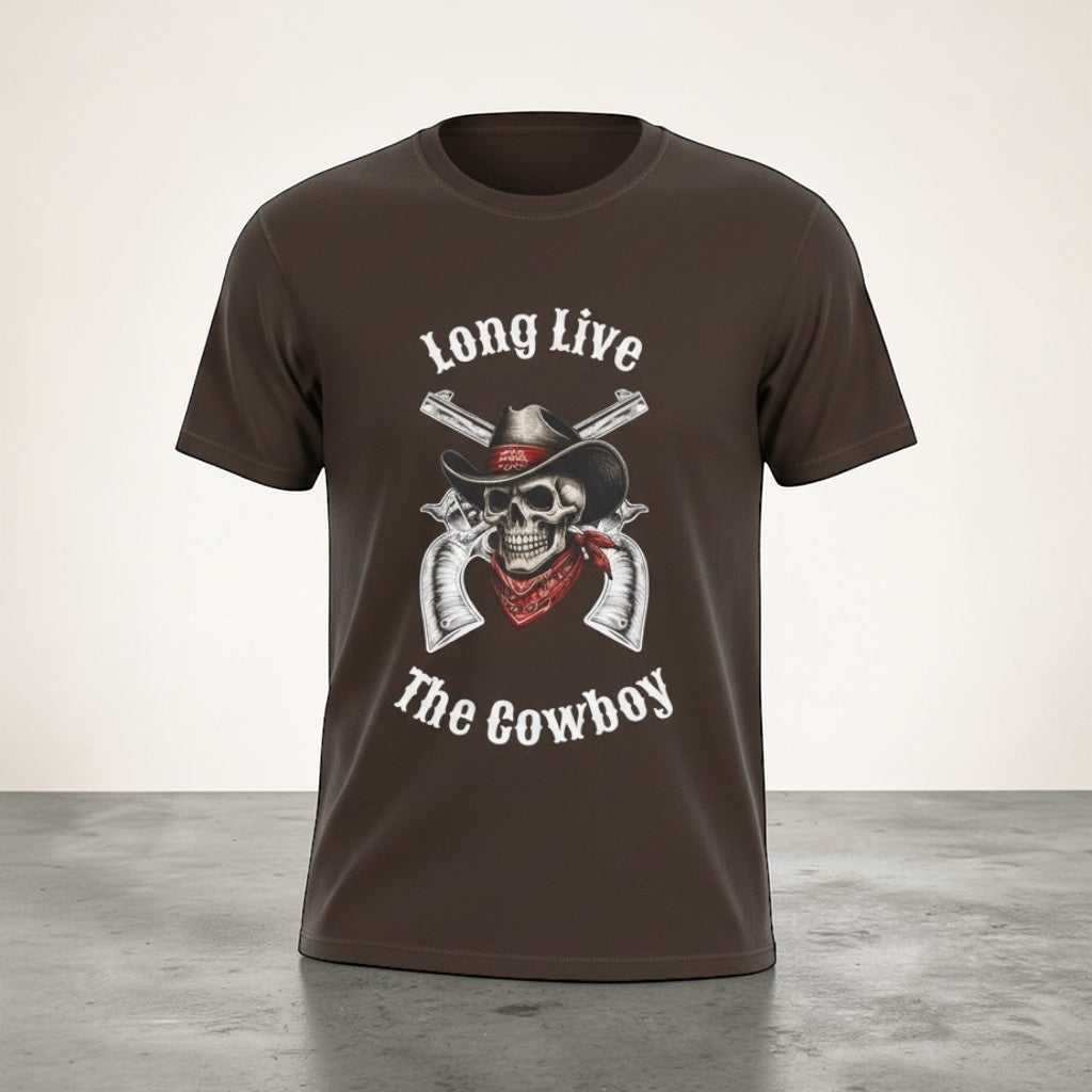 Cowboy Skull T-Shirt by Big Sky Ranch Co. featuring a graphic of a cowboy skull and the phrase "Long Live The Cowboy."