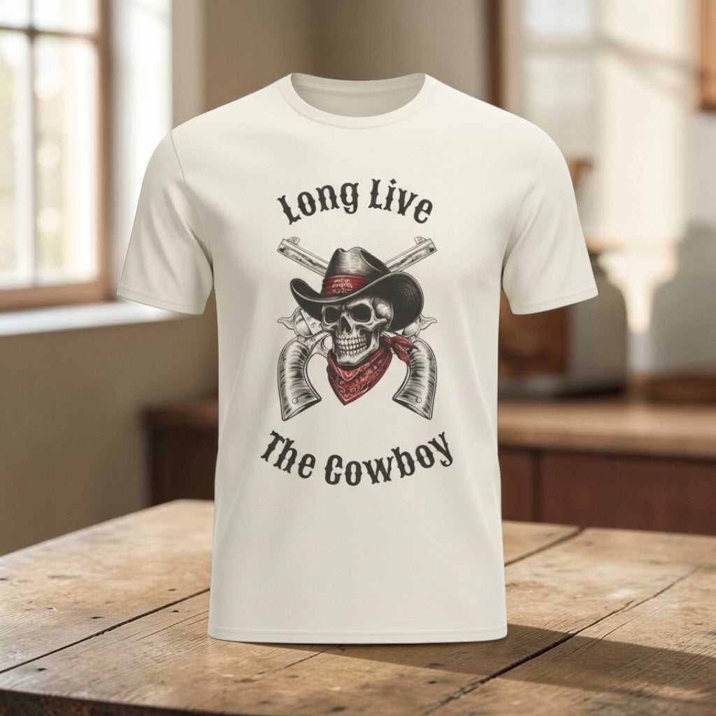 Big Sky Ranch Co. Cowboy Skull T-Shirt featuring a "Long Live The Cowboy" graphic print on soft cotton fabric.