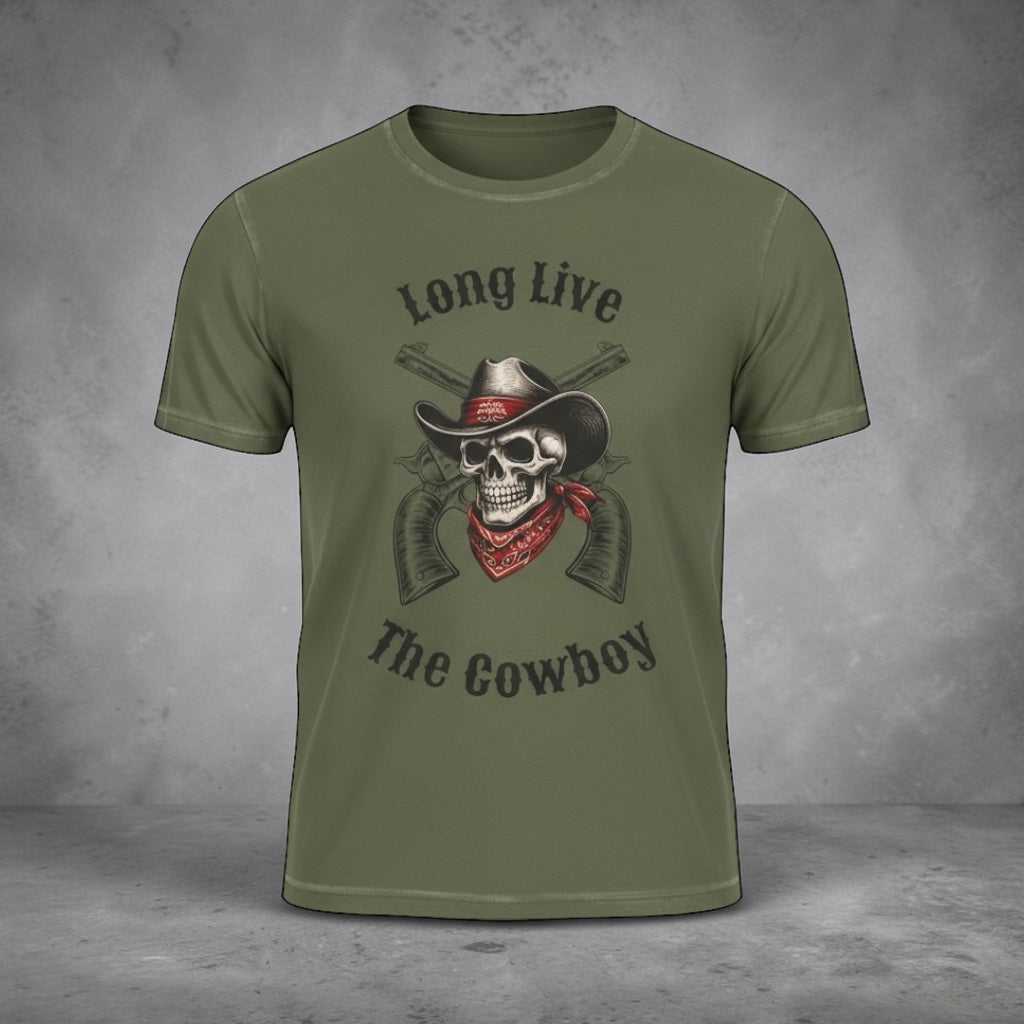 Cowboy Skull T-shirt featuring the phrase “Long Live The Cowboy” with a rugged skull graphic, bold Western lettering, and a distressed vintage outlaw aesthetic