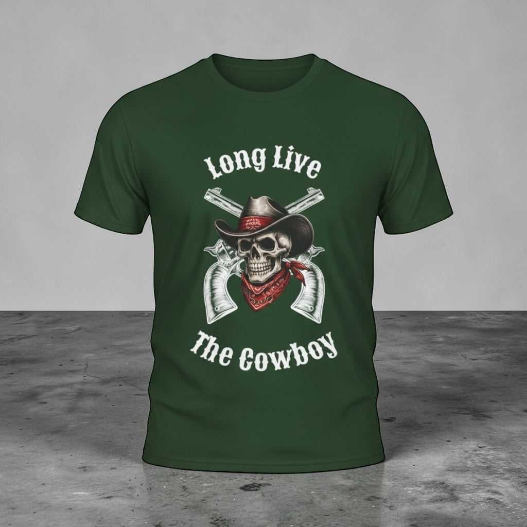 Big Sky Ranch Co. cowboy skull graphic T-shirt featuring "Long Live The Cowboy" text on a casual cotton tee.