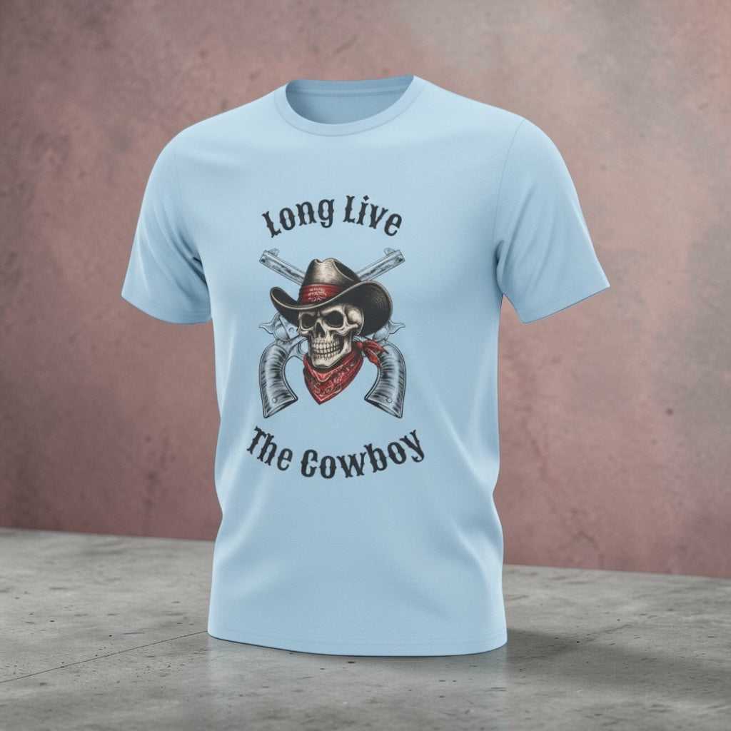 Black cowboy skull graphic T-shirt by Big Sky Ranch Co. featuring "Long Live The Cowboy" design on soft cotton fabric.