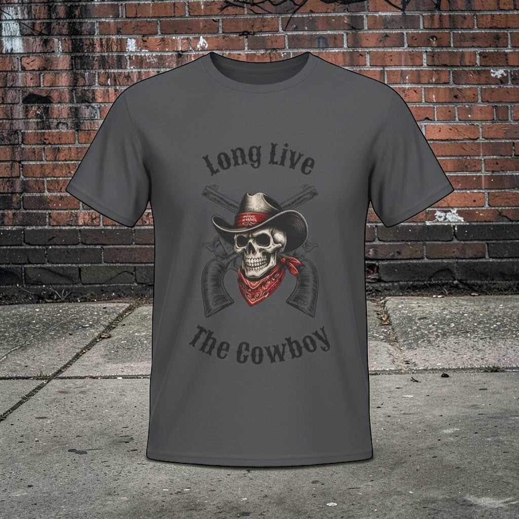 Big Sky Ranch Co. Cowboy Skull T-Shirt with "Long Live The Cowboy" graphic print, featuring a detailed cowboy skull design.