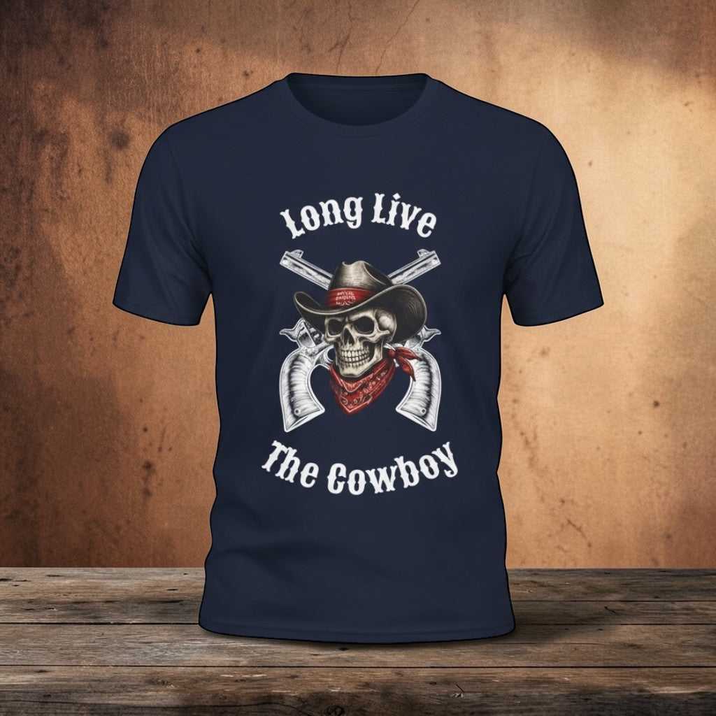 Cowboy Skull T-shirt featuring the phrase “Long Live The Cowboy” with a rugged skull graphic, bold Western lettering, and a distressed vintage outlaw aesthetic