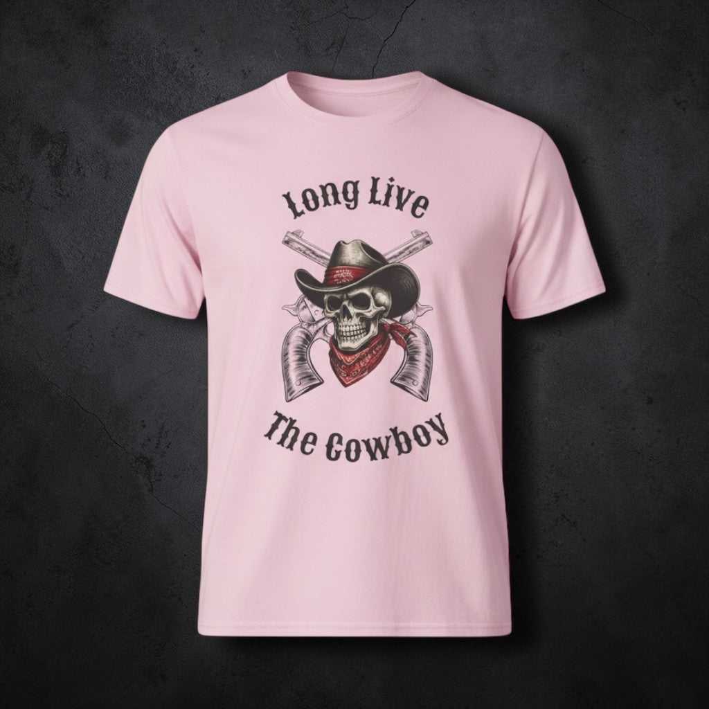 Black cowboy skull T-shirt by Big Sky Ranch Co. featuring a "Long Live The Cowboy" graphic design.