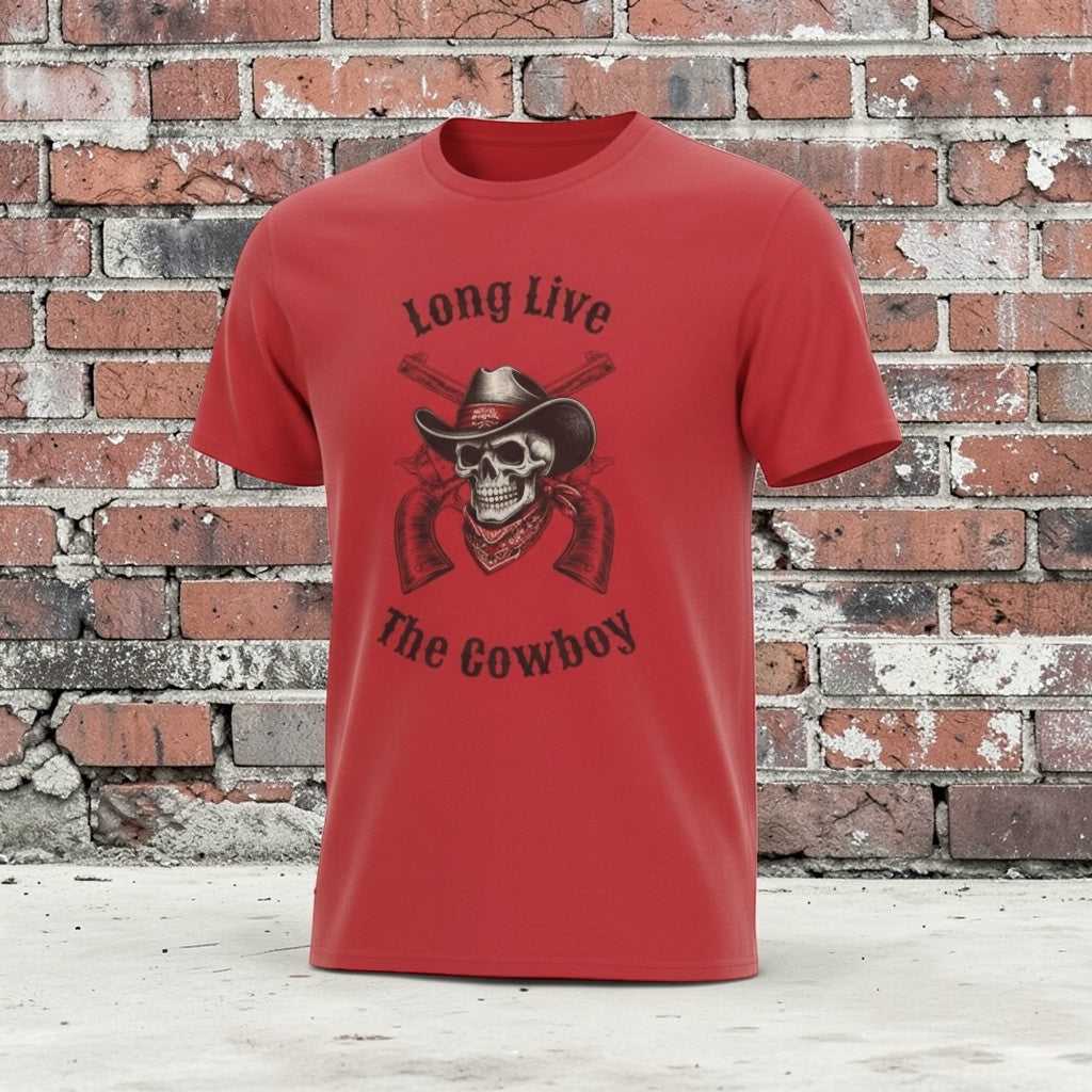 Big Sky Ranch Co. Cowboy Skull T-Shirt featuring a "Long Live The Cowboy" graphic design on soft cotton fabric.