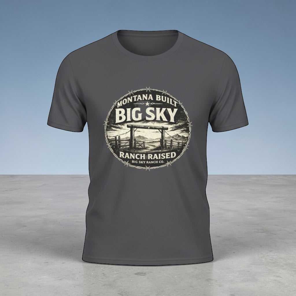Big Sky Ranch Co. T-Shirt with "Montana Built, Ranch Raised" graphic in natural colors, showcasing a casual ranch-inspired design.