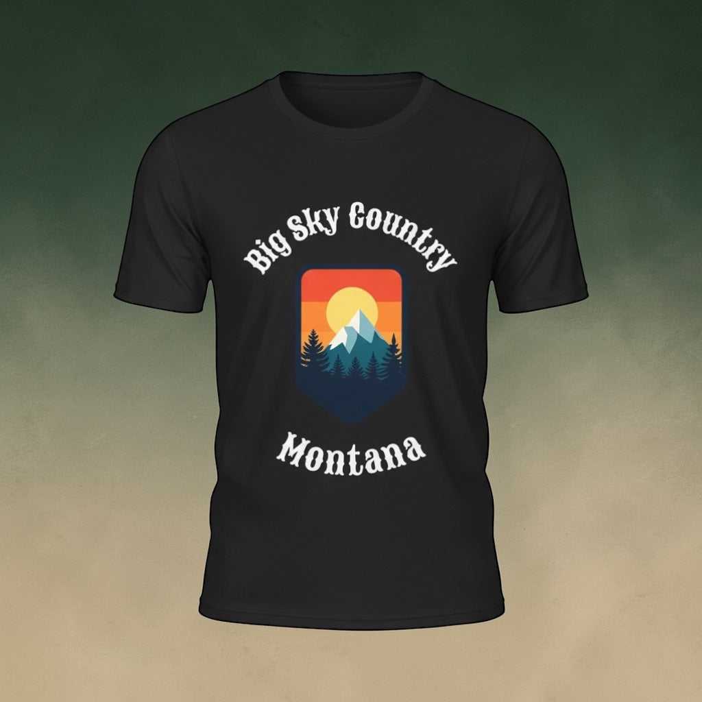 Montana Big Sky Ranch Co. T-shirt featuring a retro mountain sunset graphic on a casual cotton tee.