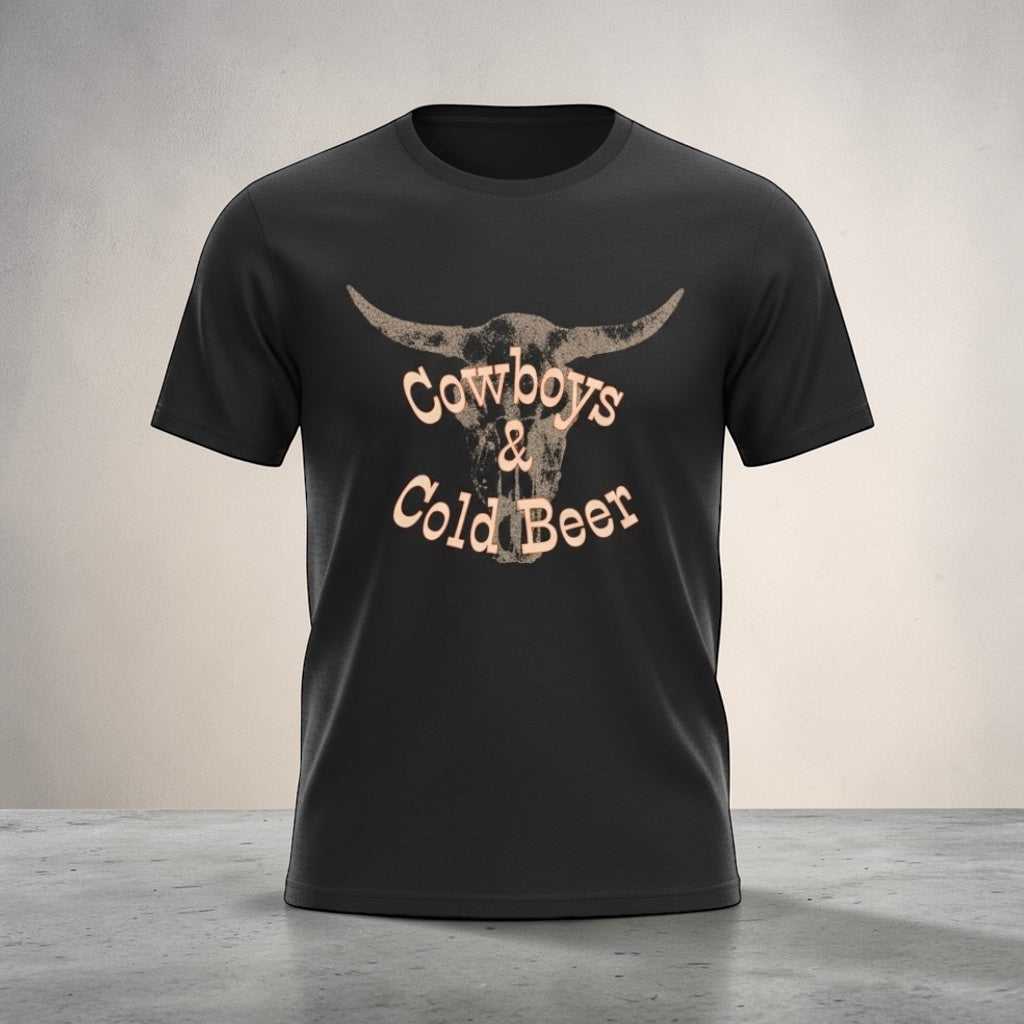 Western cowboy graphic T-shirt from Big Sky Ranch Co. featuring cowboy and beer illustrations on a casual tee.