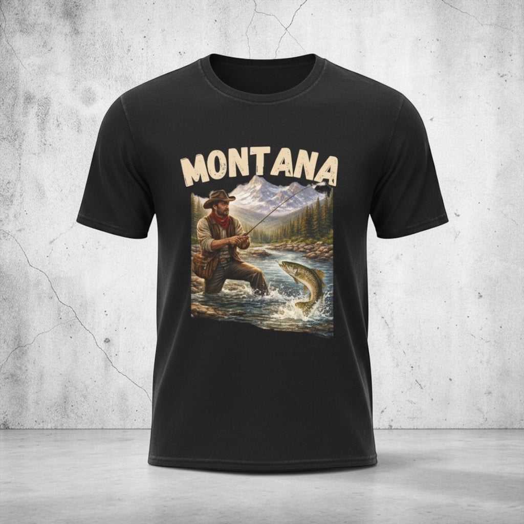 Vintage Montana Trout Fishing T-Shirt by Big Sky Ranch Co. featuring outdoors angler design and fishing motif.
