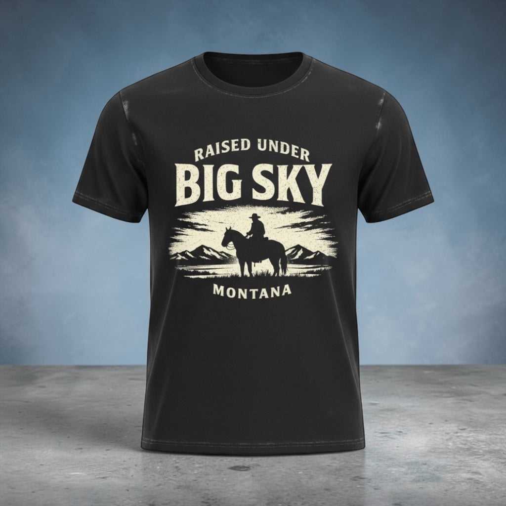 Big Sky Ranch Co. Western cowboy scenic graphic T-shirt featuring a raised under Big Sky Montana design.