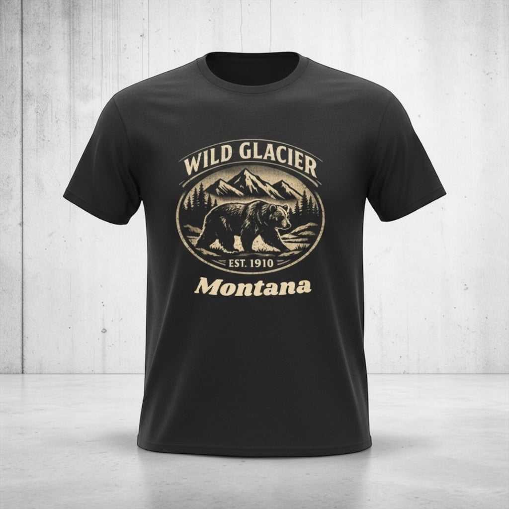 Big Sky Ranch Co. Wild Glacier Montana Bear T-Shirt featuring vintage Montana National Park design and wildlife illustration.