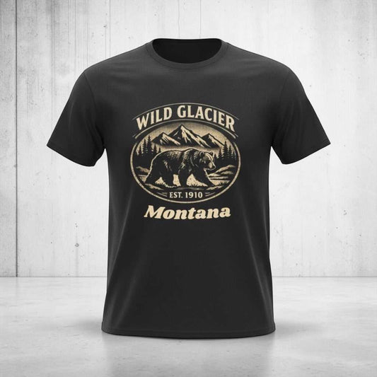 Big Sky Ranch Co. Wild Glacier Montana Bear T-Shirt featuring vintage Montana National Park design and wildlife illustration.