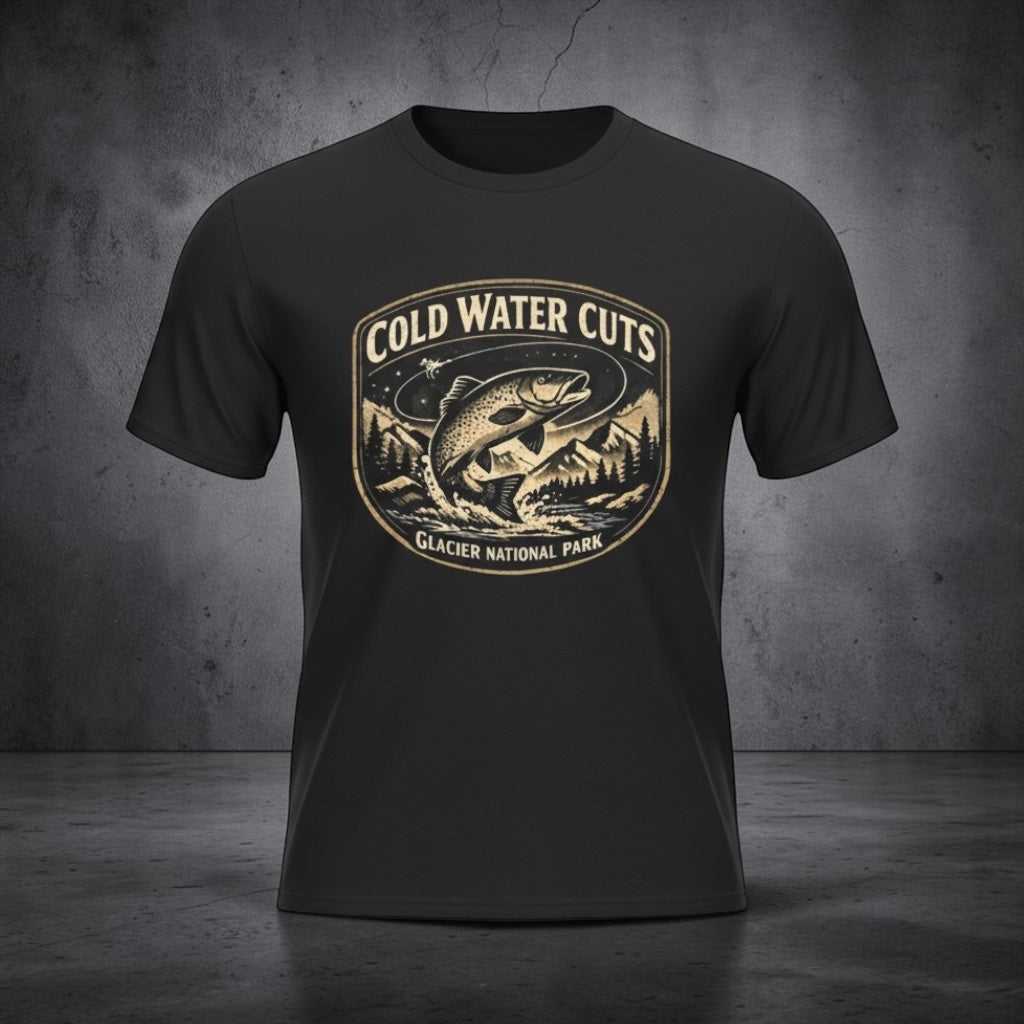 Big Sky Ranch Co. fishing T-shirt featuring a Glacier National Park fish graphic and the "Cold Water Cuts" design.