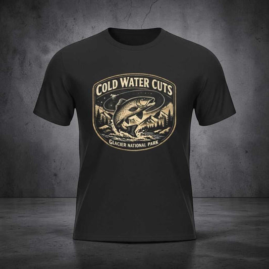 Big Sky Ranch Co. fishing T-shirt featuring a Glacier National Park fish graphic and the "Cold Water Cuts" design.