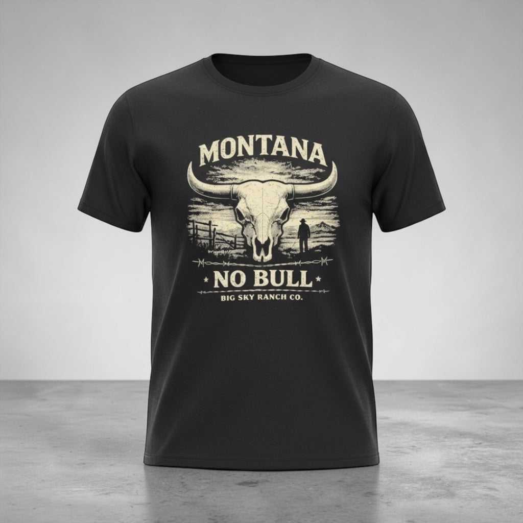 Big Sky Ranch Co. Montana No Bull T-Shirt featuring western longhorn ranch design on casual cotton tee.