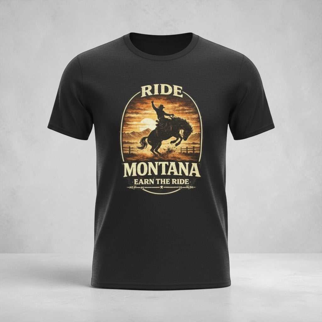 Big Sky Ranch Co. Montana T-Shirt featuring vintage Bronco cowboy sunset design, soft cotton casual tee for outdoor enthusiasts