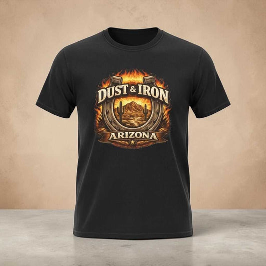 Dust & Iron Arizona T-Shirt by Big Sky Ranch Co., vintage-inspired desert motorcycle emblem design on soft cotton tee.