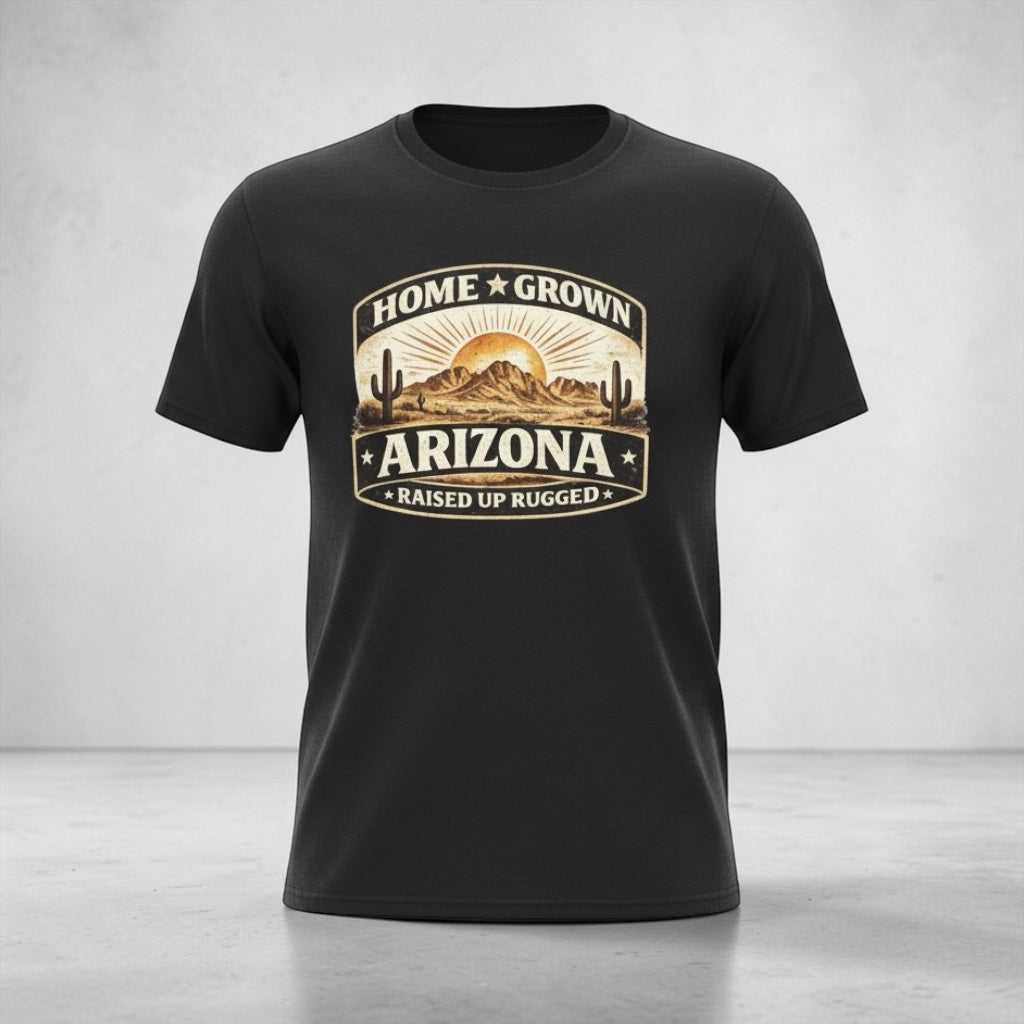 Arizona Home Grown T-Shirt by Big Sky Ranch Co. featuring a desert sunset and "Home Grown Arizona" graphic on a casual T-shirt.