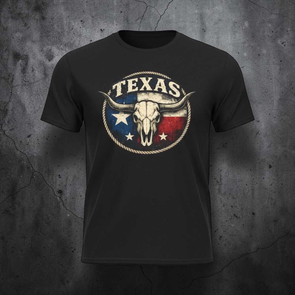 Vintage Texas Longhorn skull graphic T-shirt by Big Sky Ranch Co., featuring a Texas flag design on soft cotton fabric.