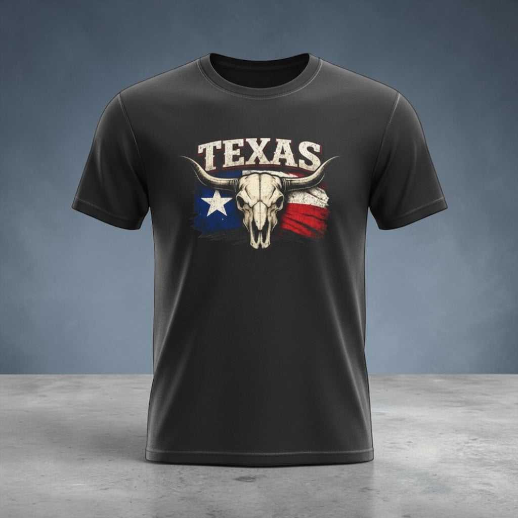 Front view of Big Sky Ranch Co. Texas Bull Skull T-Shirt featuring a Lone Star flag design on a casual Western-style tee.