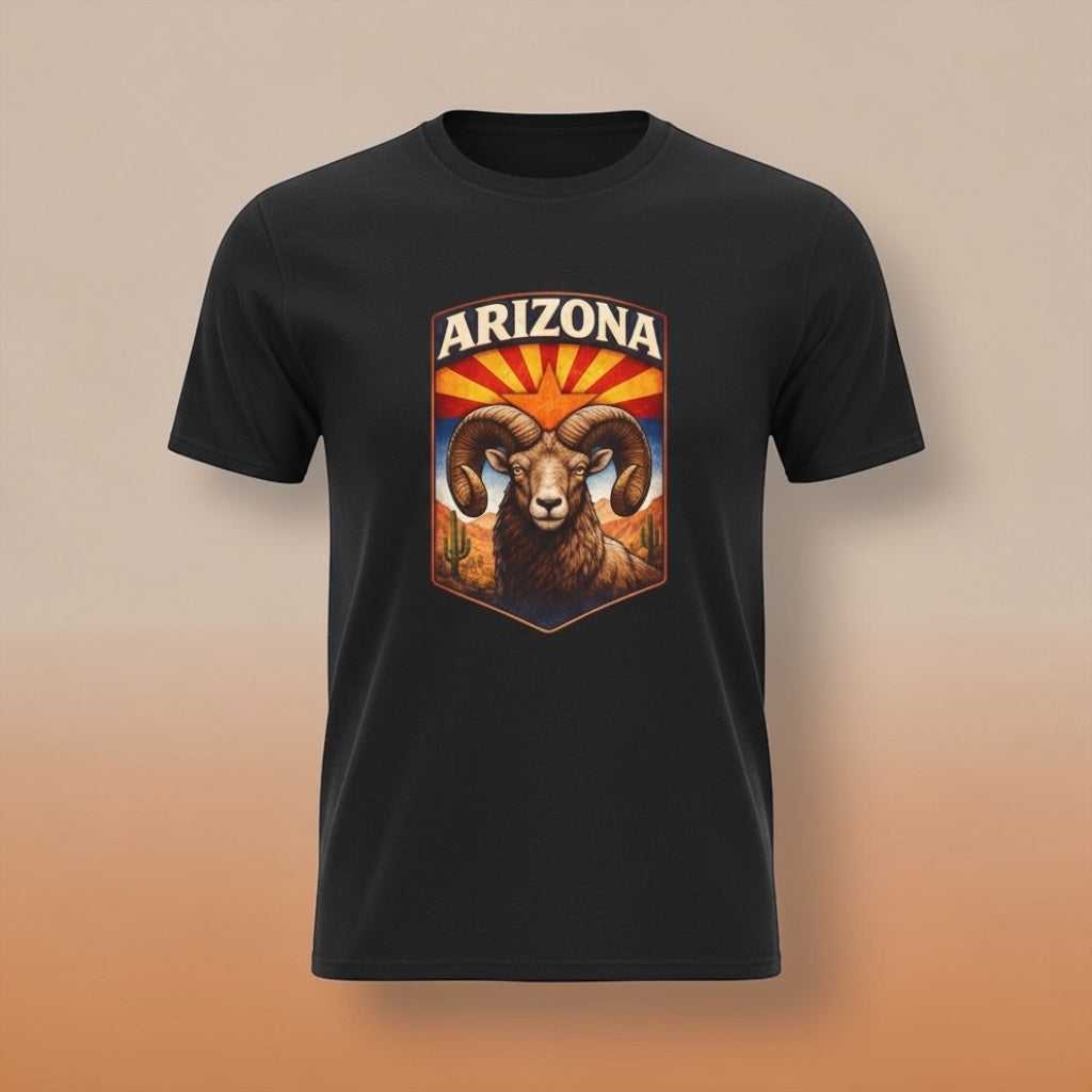 Arizona Bighorn Ram T-Shirt by Big Sky Ranch Co. featuring vintage desert sunrise design and state pride theme.