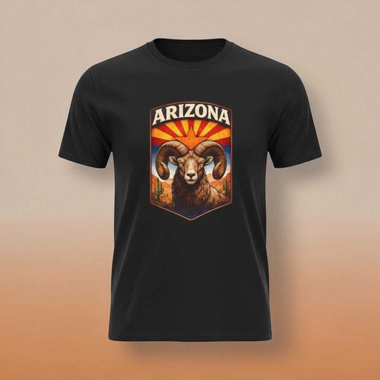 Arizona Bighorn Ram T-Shirt by Big Sky Ranch Co. featuring vintage desert sunrise design and state pride theme.
