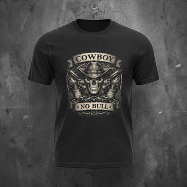Cowboy Skull T-shirt featuring the phrase “Cowboy No Bull” with a rugged skull graphic, bold Western typography, and a distressed vintage outlaw style