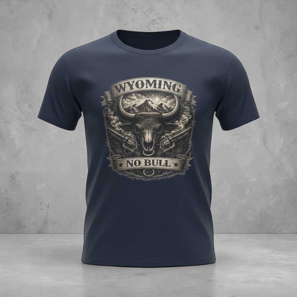 Big Sky Ranch Co. Wyoming No Bull Bison T-Shirt featuring a bold bison graphic on a casual cotton tee.