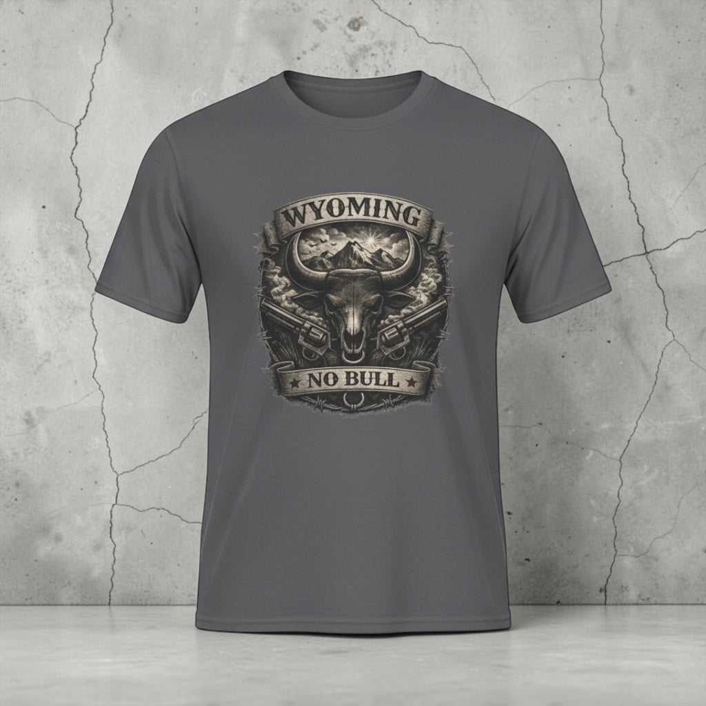 Big Sky Ranch Co. Wyoming No Bull Bison T-Shirt featuring a bison graphic on a casual tee.