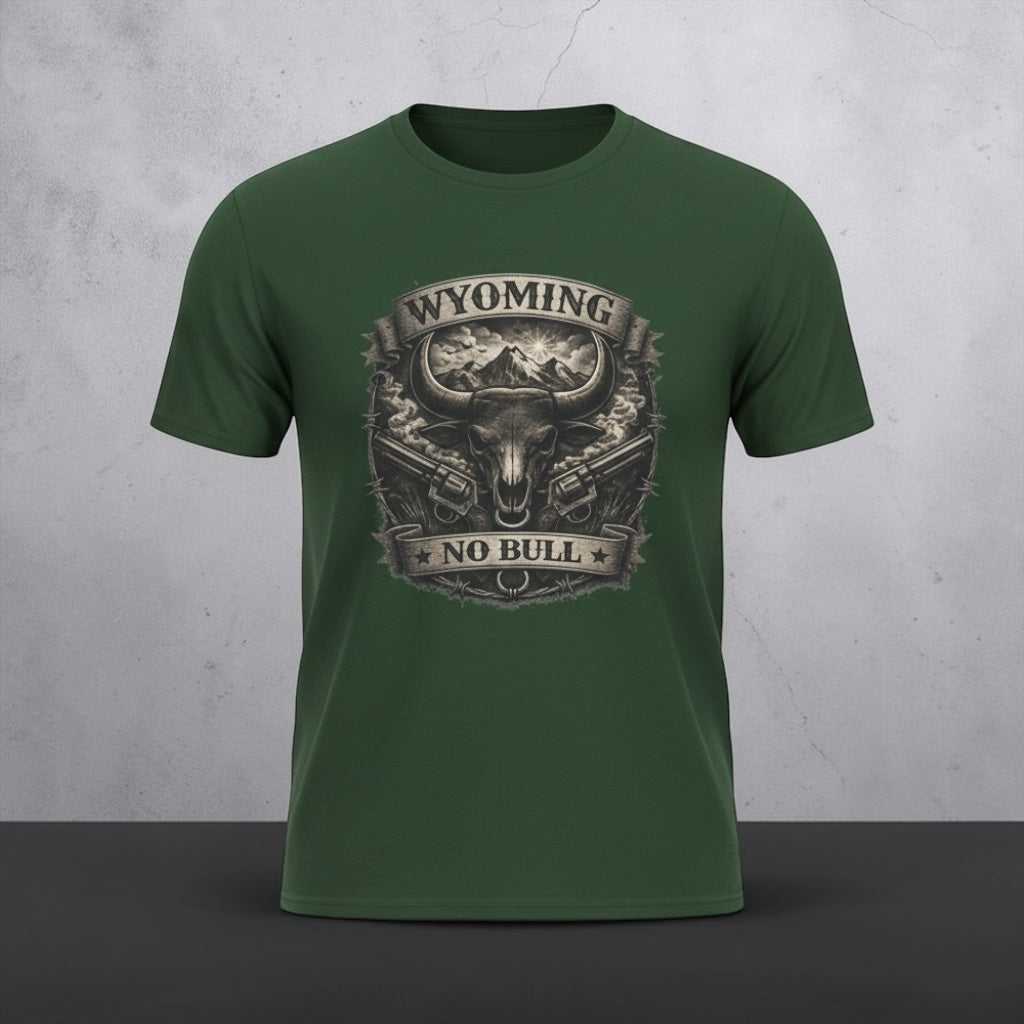 Big Sky Ranch Co. Wyoming No Bull Bison T-Shirt featuring a bold bison graphic on a comfortable cotton tee.