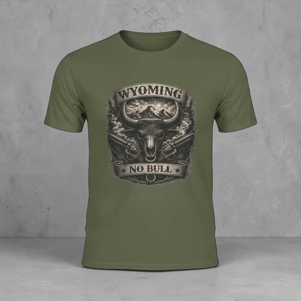 Big Sky Ranch Co. Wyoming No Bull Bison T-Shirt featuring a graphic of a bison on soft cotton fabric.