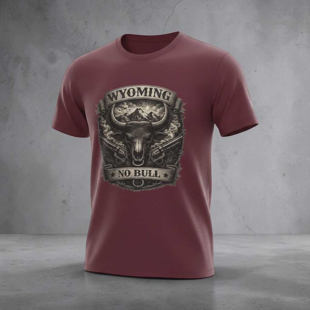 Big Sky Ranch Co. Wyoming No Bull Bison T-Shirt featuring a bison graphic on a comfortable casual tee.