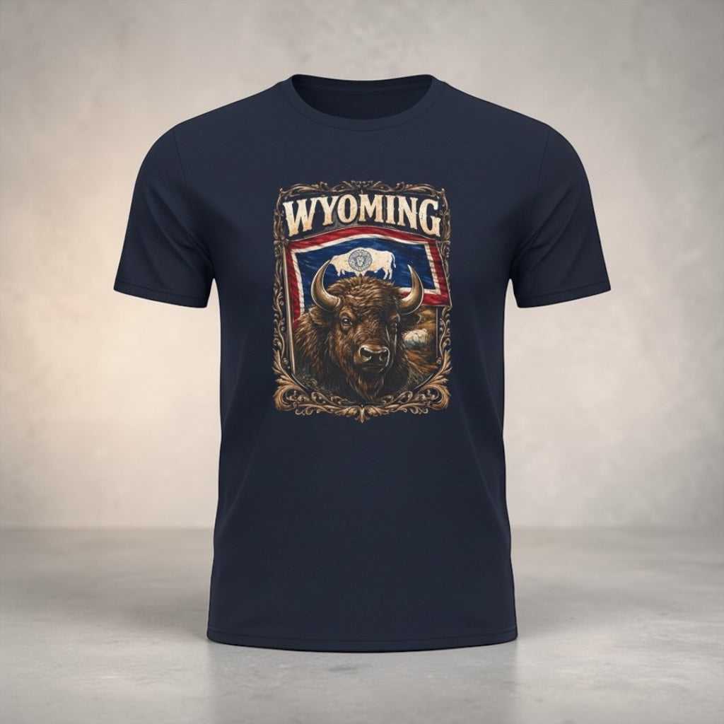 Rustic Wyoming Bison graphic T-shirt by Big Sky Ranch Co. featuring American flag design and buffalo illustration.