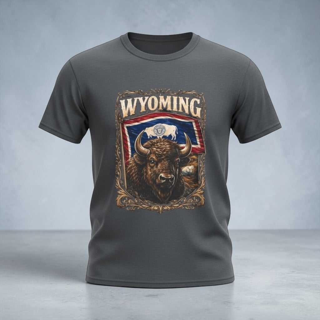 Gray Wyoming Bison graphic tee with vintage-style buffalo design