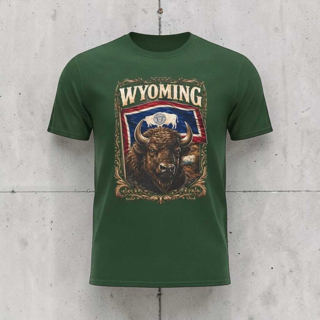Wyoming Bison Graphic Tee with American flag and buffalo illustration