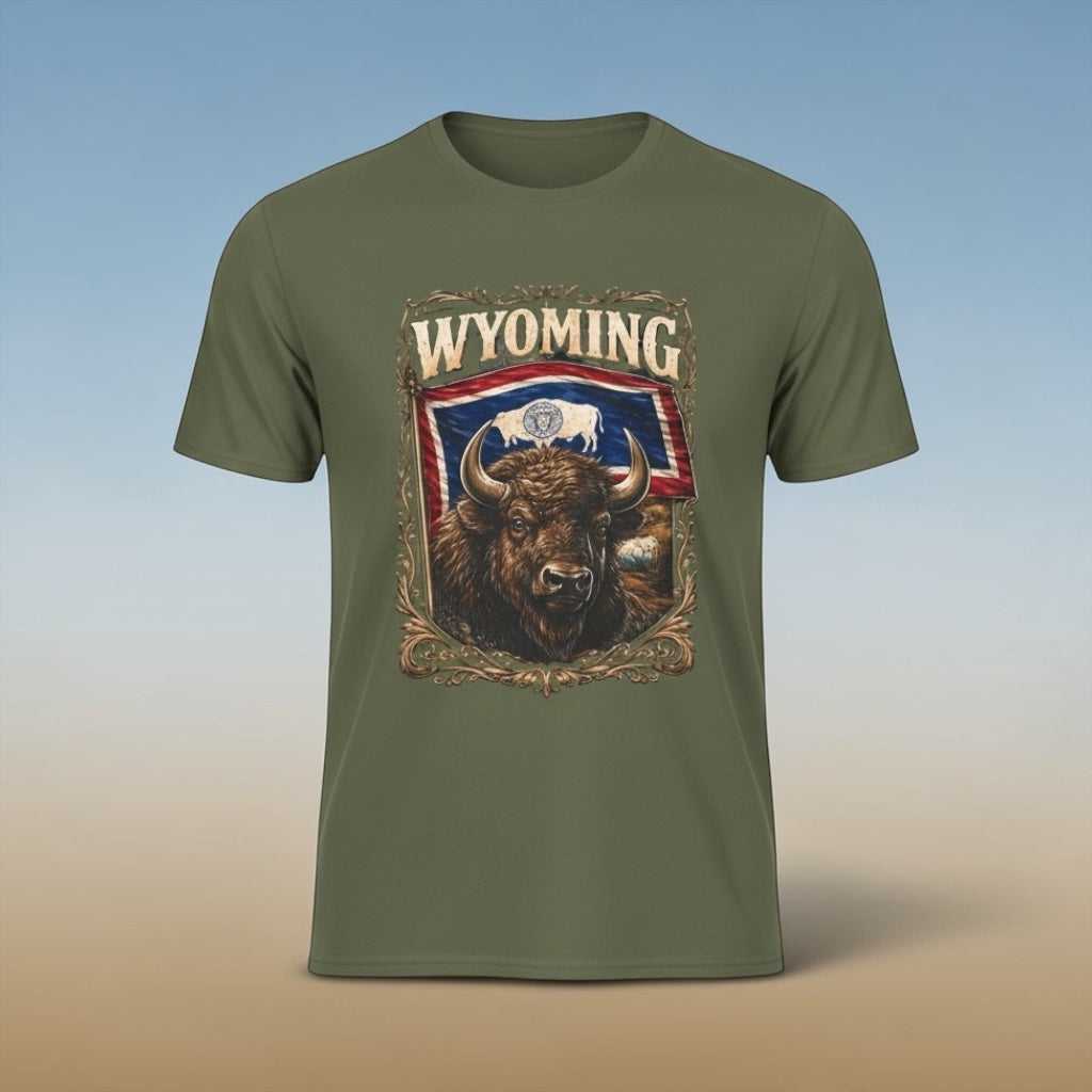 Wyoming Bison Graphic Tee with vintage-style buffalo and state flag design