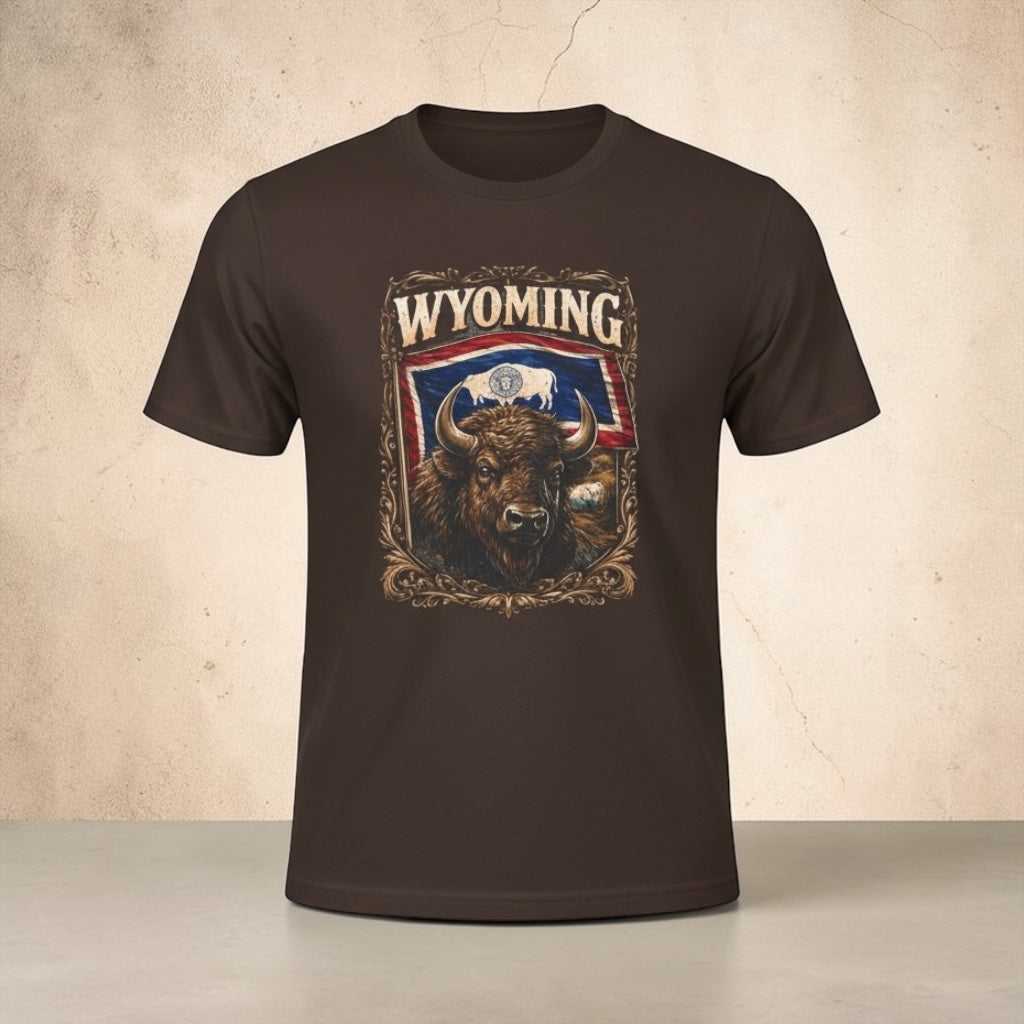 Maroon Wyoming Bison graphic tee with rustic buffalo illustration