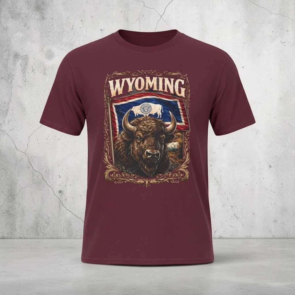 Navy Wyoming Bison graphic tee with western-style buffalo artwork