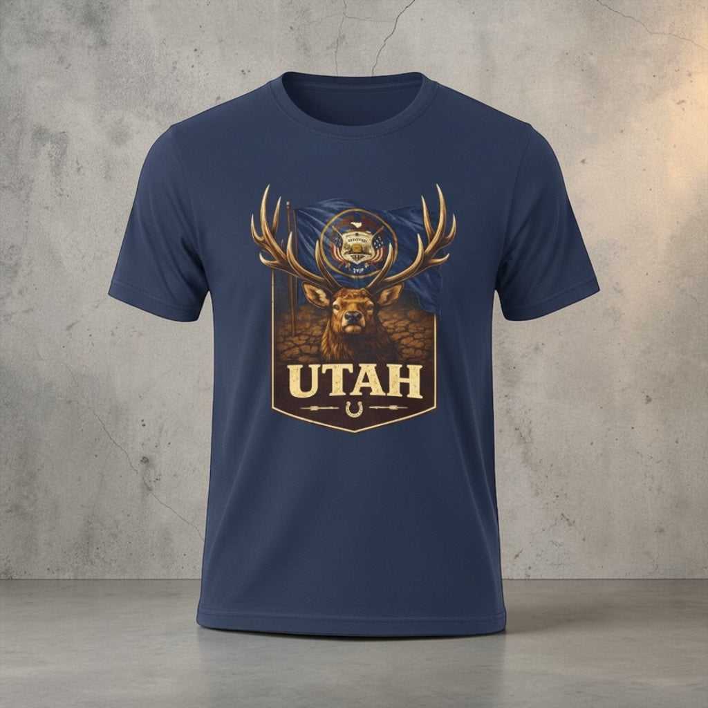 Rustic outdoor graphic T-shirt featuring a Utah buck deer design by Big Sky Ranch Co. on a casual, comfortable tee.