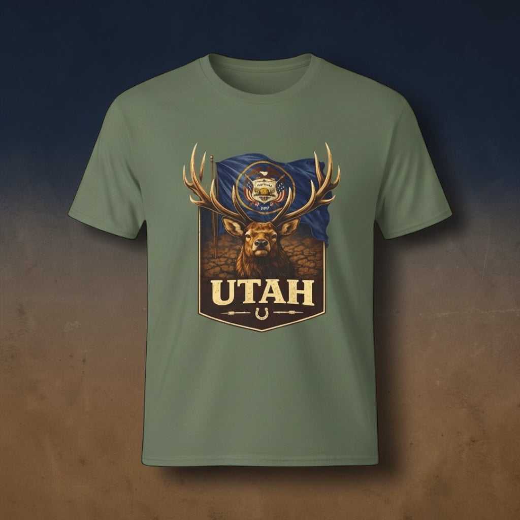 Rustic outdoor graphic T-shirt featuring a Utah buck deer design from Big Sky Ranch Co.