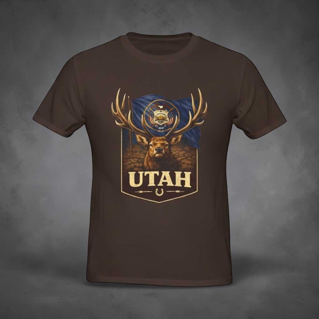 Rustic outdoor graphic T-shirt featuring a Utah buck deer design by Big Sky Ranch Co. on a casual, comfortable tee.