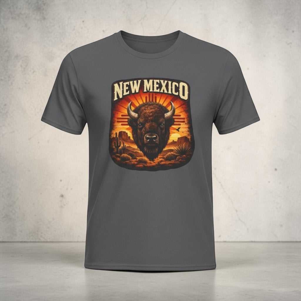 Vintage New Mexico Bison T-shirt by Big Sky Ranch Co. featuring a southwestern buffalo graphic on soft cotton fabric.