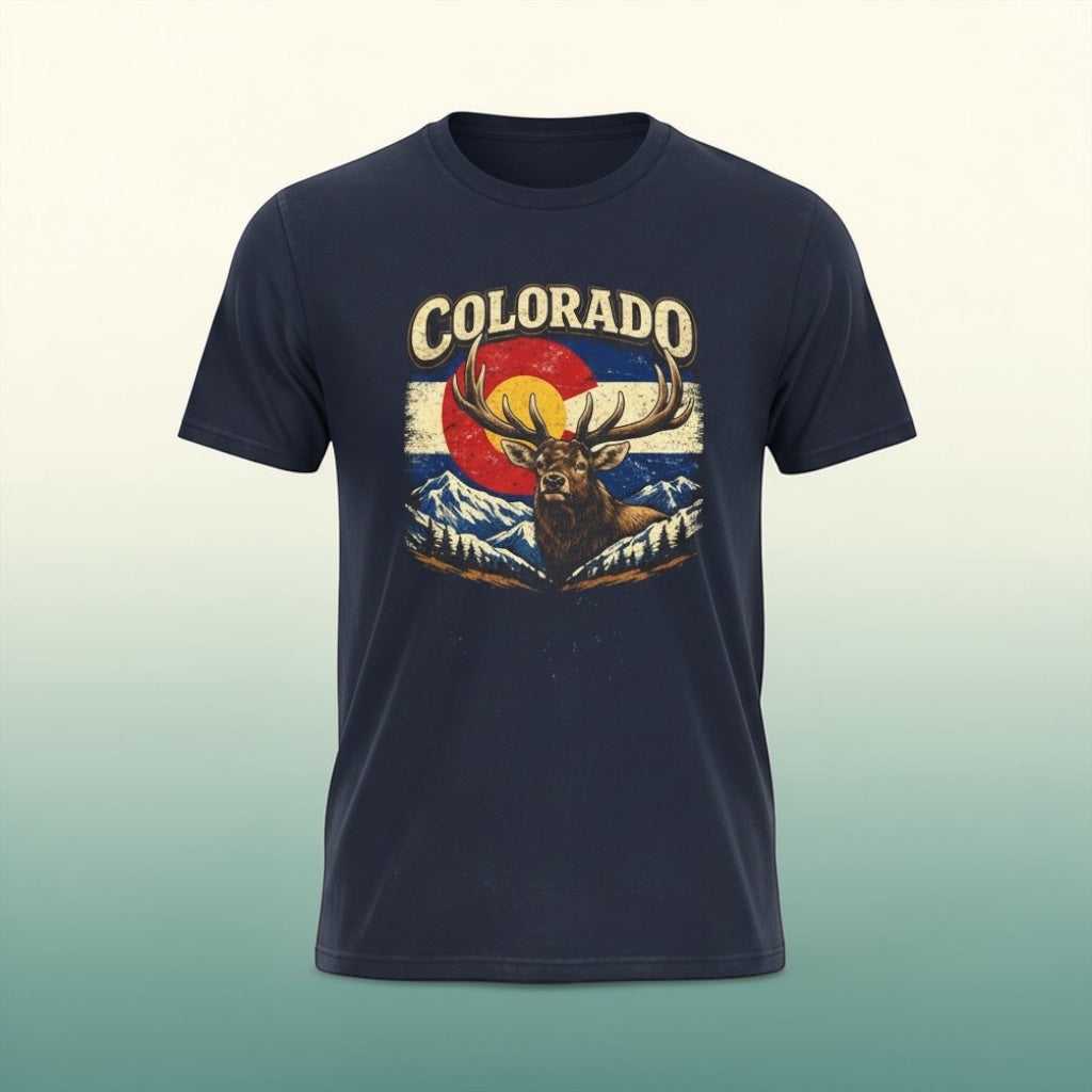 Big Sky Ranch Co. Colorado Elk Retro Graphic T-Shirt featuring a vintage-style elk design on a casual tee.