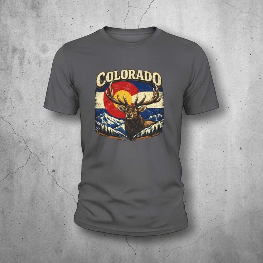 Colorado Elk Retro Graphic T-Shirt by Big Sky Ranch Co. featuring a vintage elk design on soft cotton fabric.