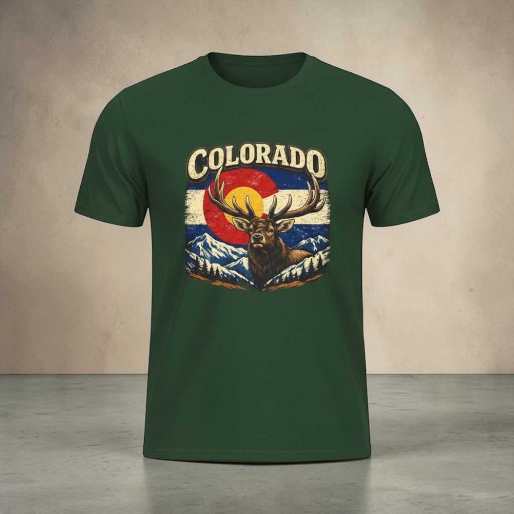 Colorado Elk Retro Graphic T-Shirt by Big Sky Ranch Co. featuring a vintage-style elk design on soft cotton fabric.