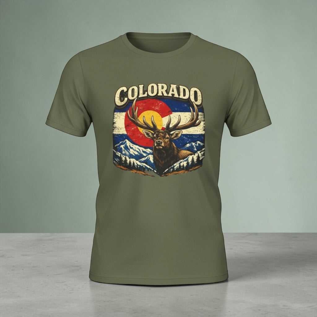 Colorado Elk Retro Graphic Tee by Big Sky Ranch Co., featuring a vintage-style elk design on a casual T-shirt.