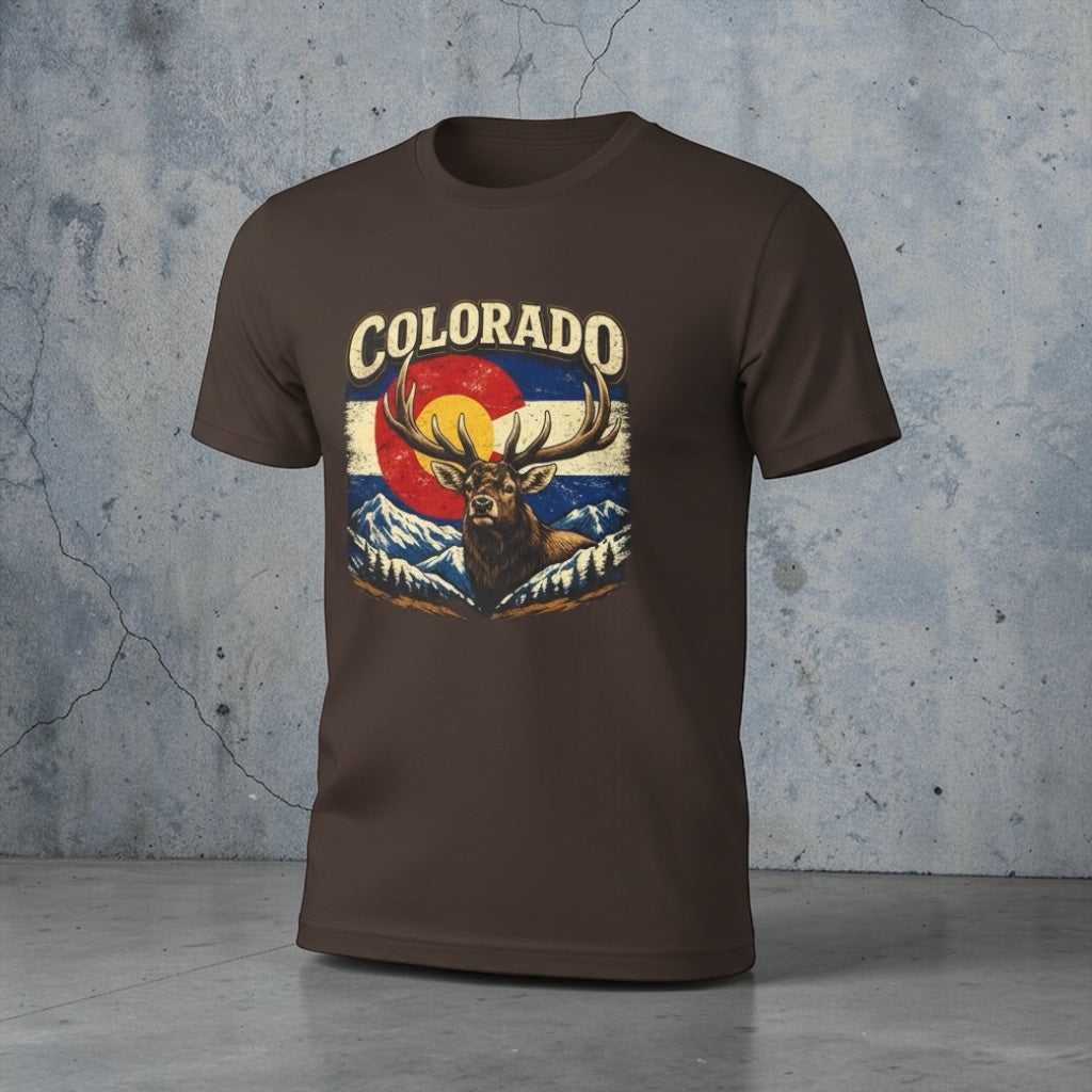 Colorado Elk Retro Graphic Tee by Big Sky Ranch Co., featuring a vintage-style elk graphic on a casual T-shirt.